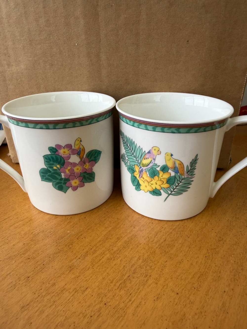 VTG Mikasa Maxima tropical parrot birds  Porcelain Bird & Floral Mugs